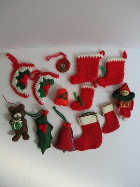 13 Handmade Crochet & Felt Christmas Tree Ornaments Stockings, Bells, Holly +